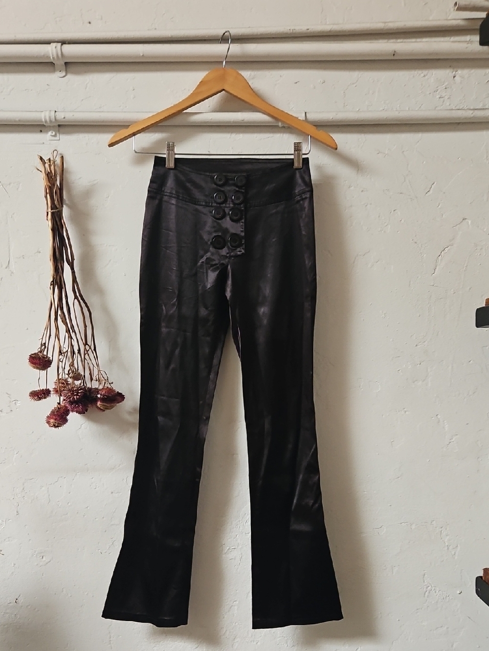 High-Waist Faux Leather Button-Front Pants in Black US2